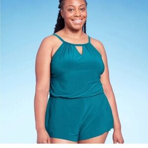 Women's UPF 50 High Neck Swim
(NWT)
Romper with Pockets One Piece
Swimsuit